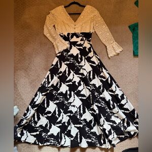 Vintage Handmade Cream Lace Dress with Black and White FULL skirt